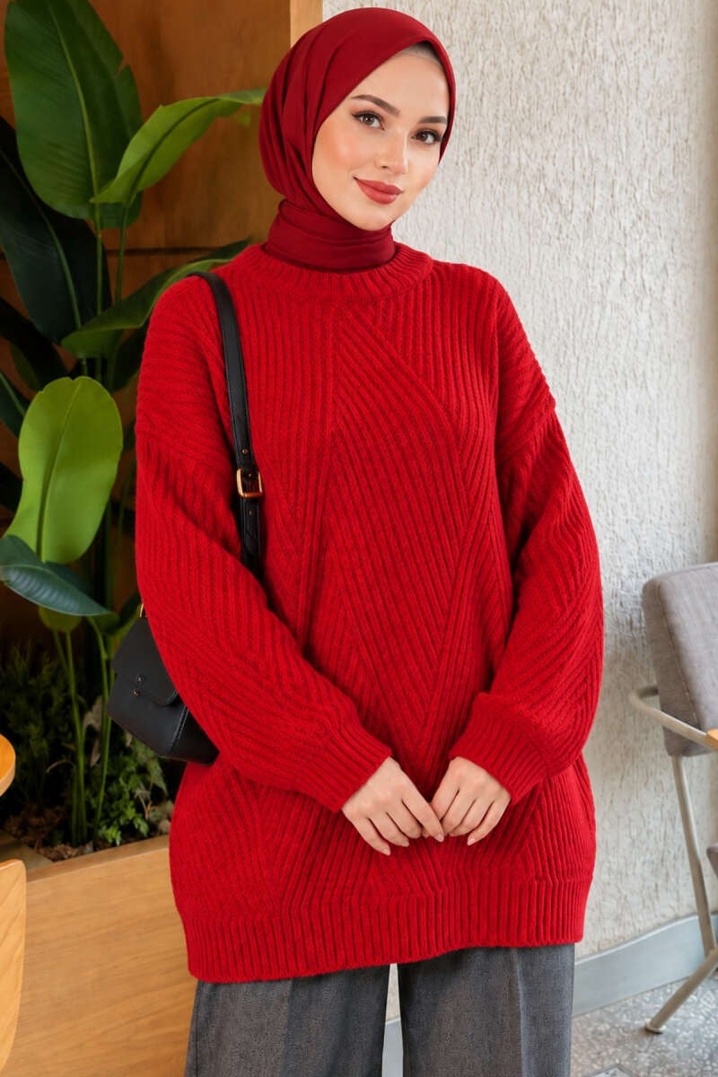 Çizgi Kabartmalı Triko Tunik Kırmızı