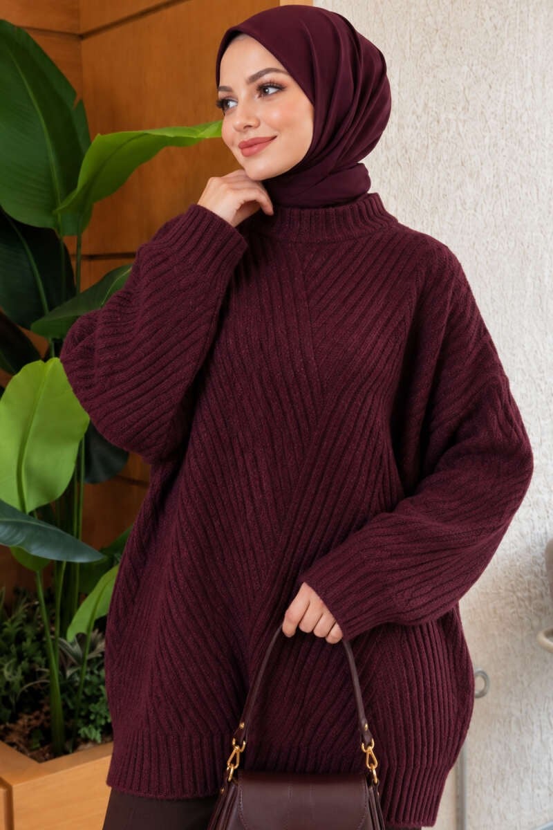 Çizgi Kabartmalı Triko Tunik Mürdüm