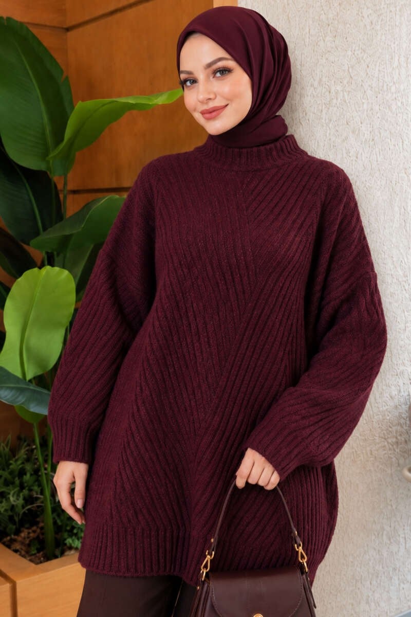 Çizgi Kabartmalı Triko Tunik Mürdüm