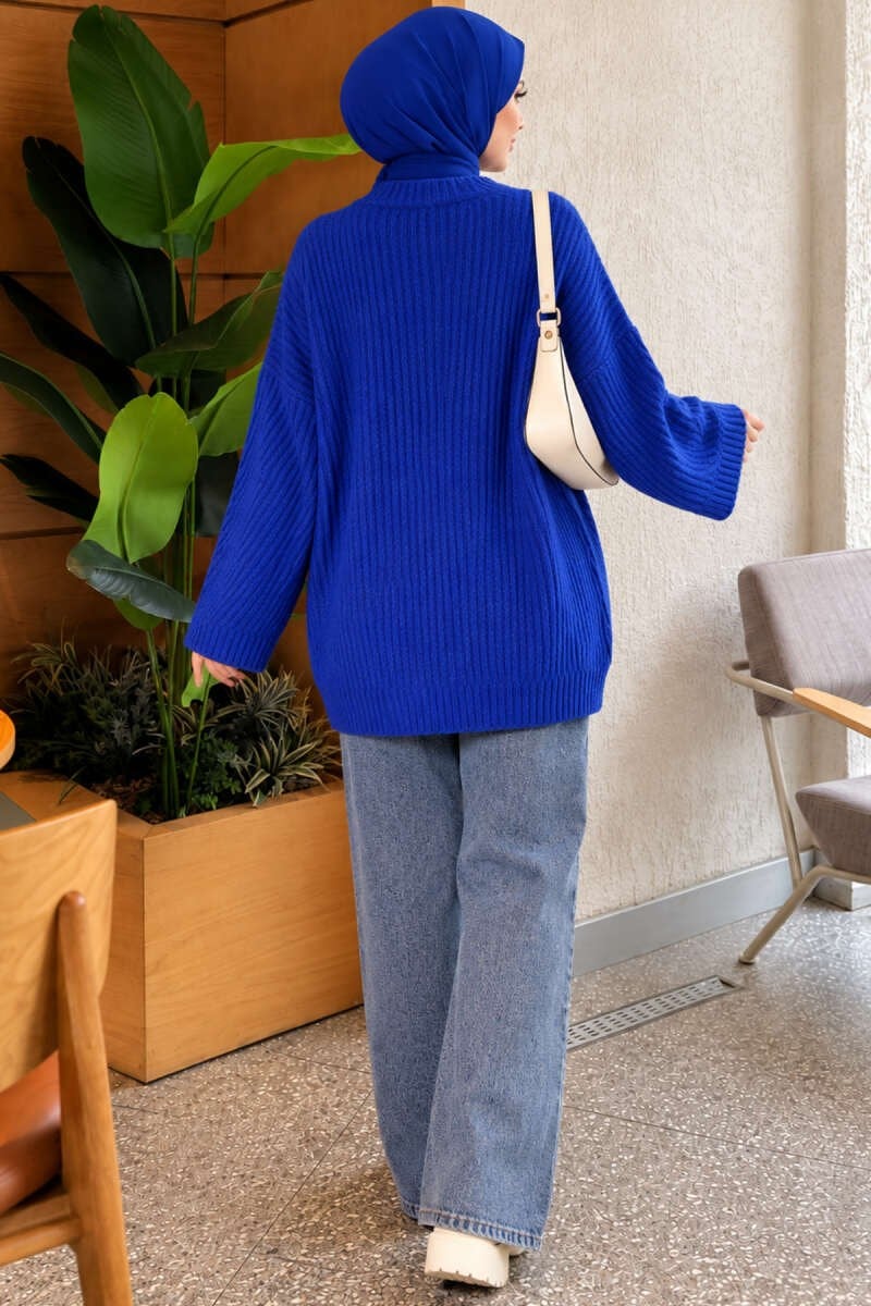Çizgi Kabartmalı Triko Tunik Saks