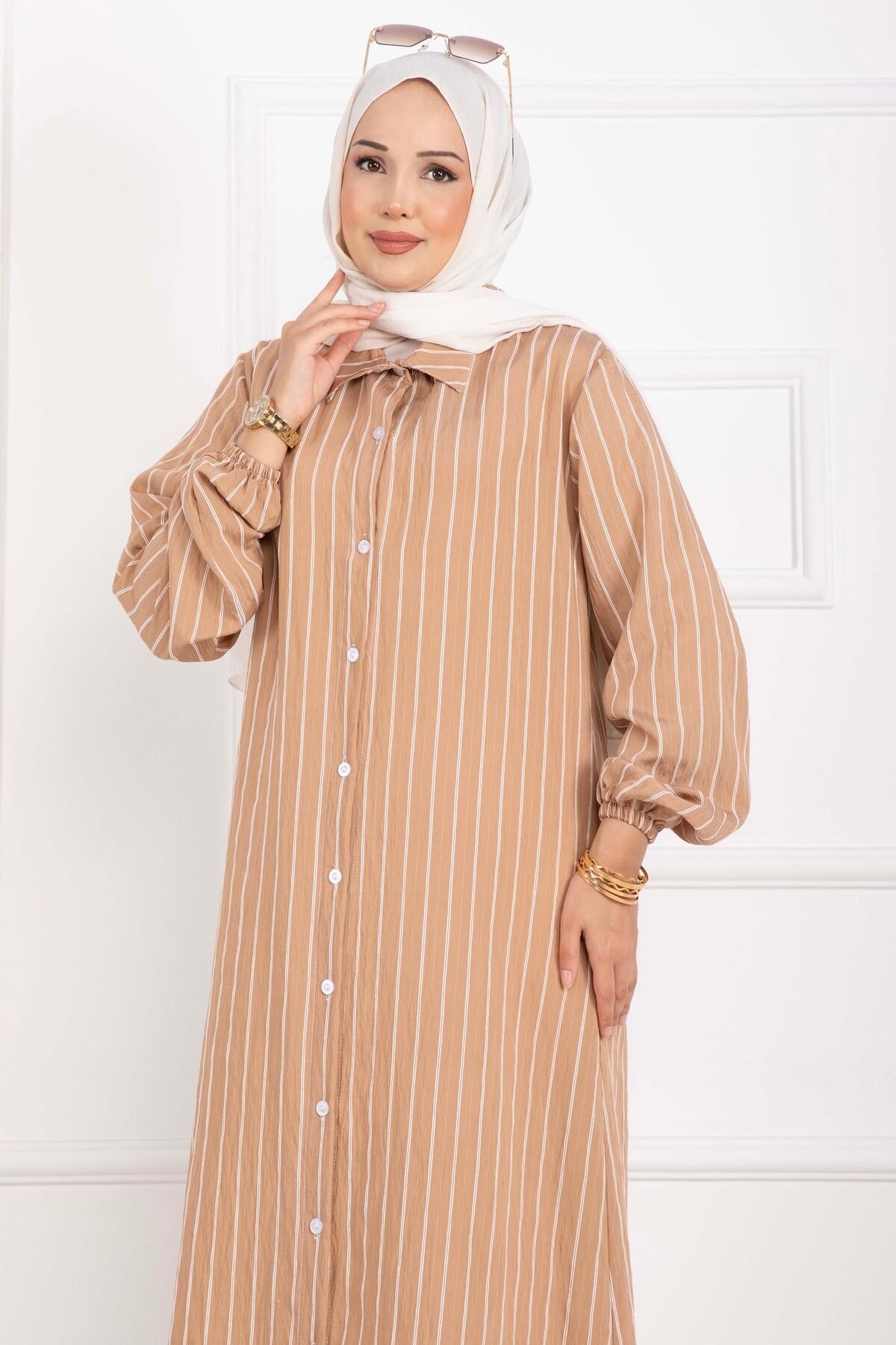 Çizgili Boydan Düğmeli Gömlek Tunik Camel