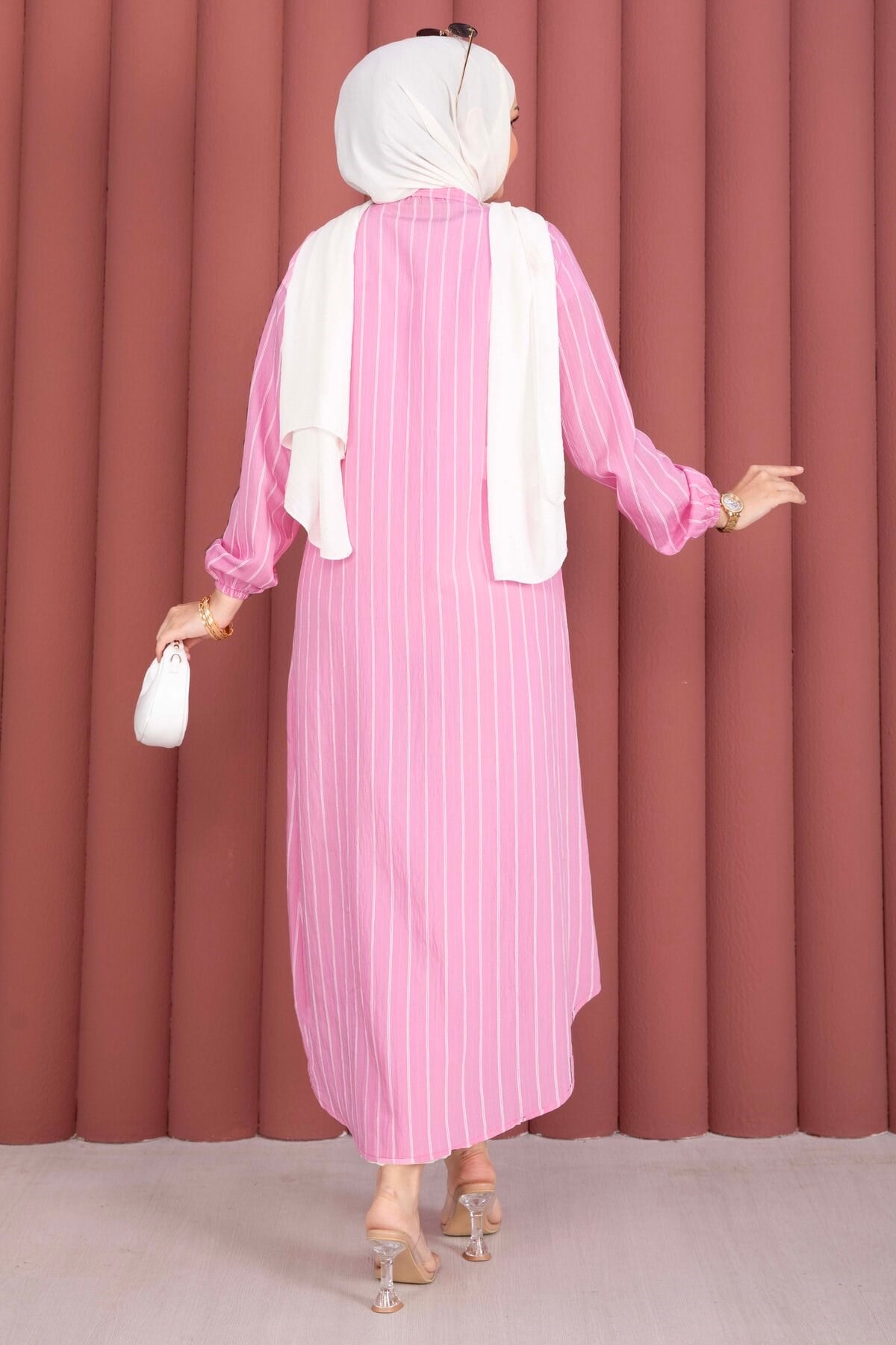 Çizgili Boydan Düğmeli Gömlek Tunik Pembe
