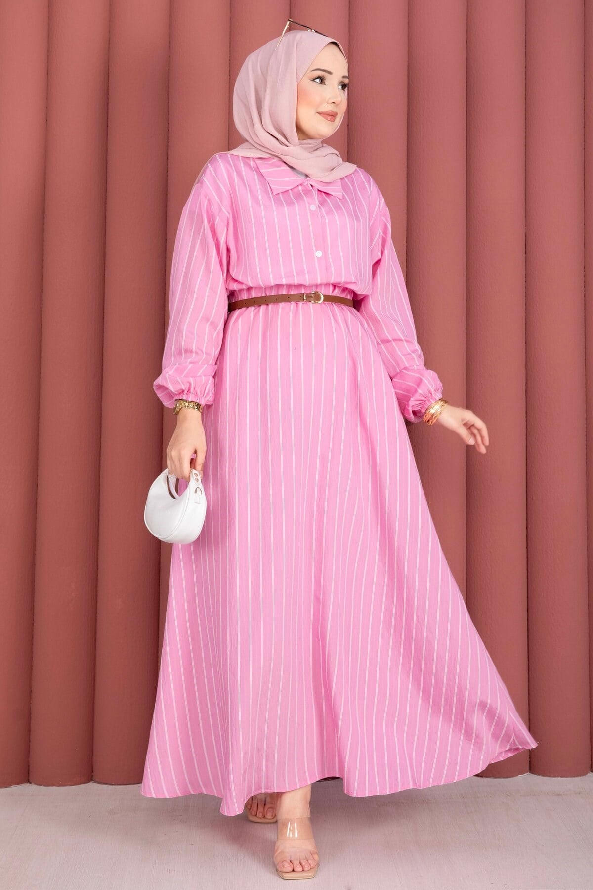 Çizgili Gömlek Etek İkili Takım Pembe