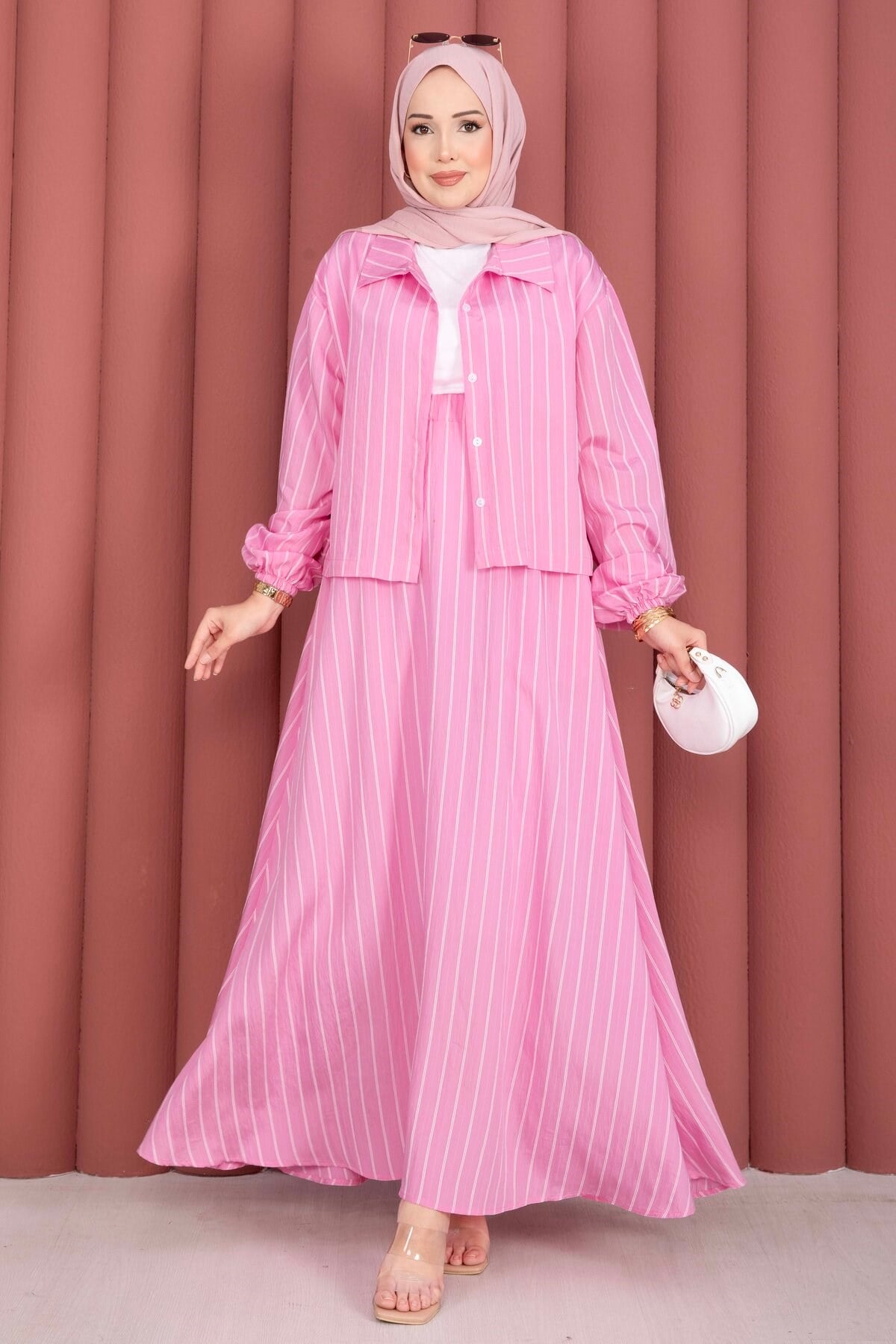 Çizgili Gömlek Etek İkili Takım Pembe