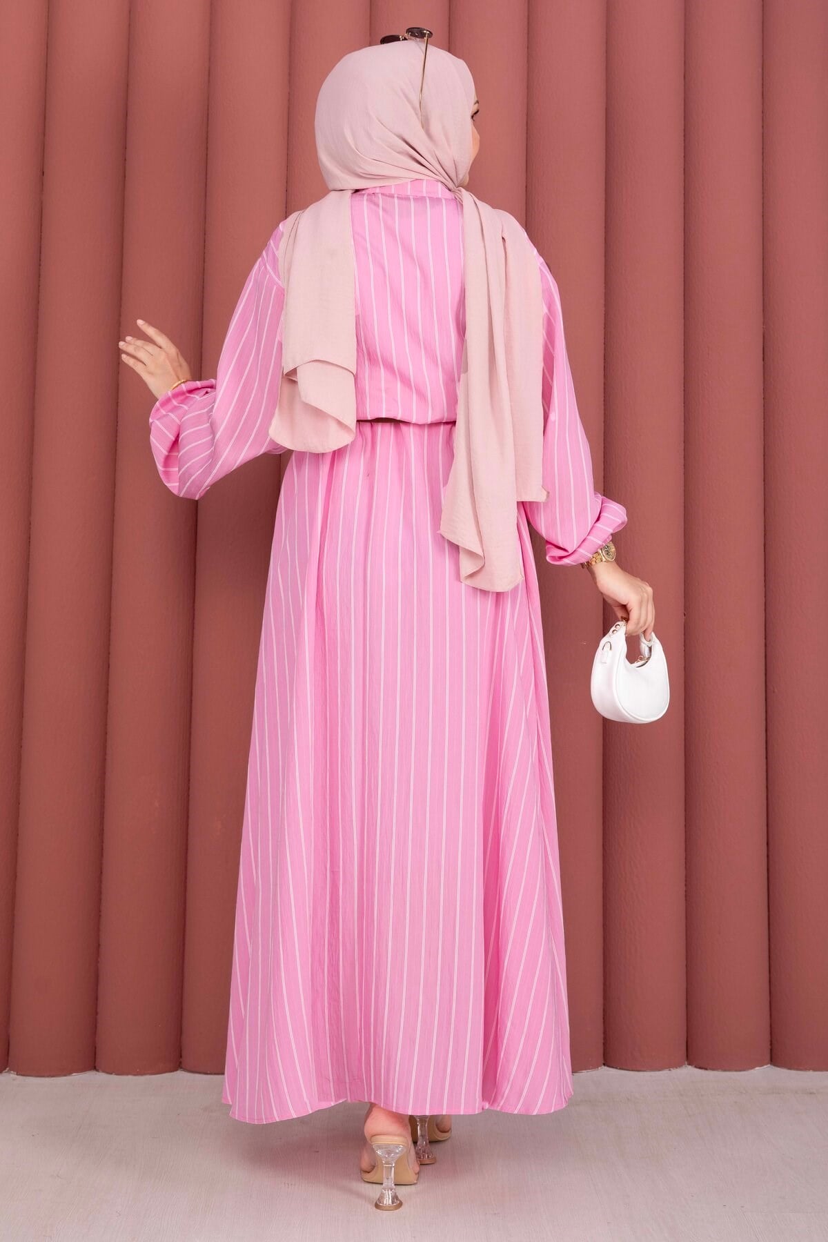 Çizgili Gömlek Etek İkili Takım Pembe