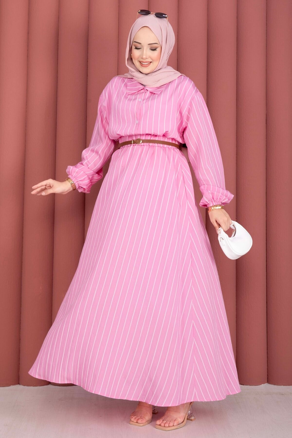 Çizgili Gömlek Etek İkili Takım Pembe