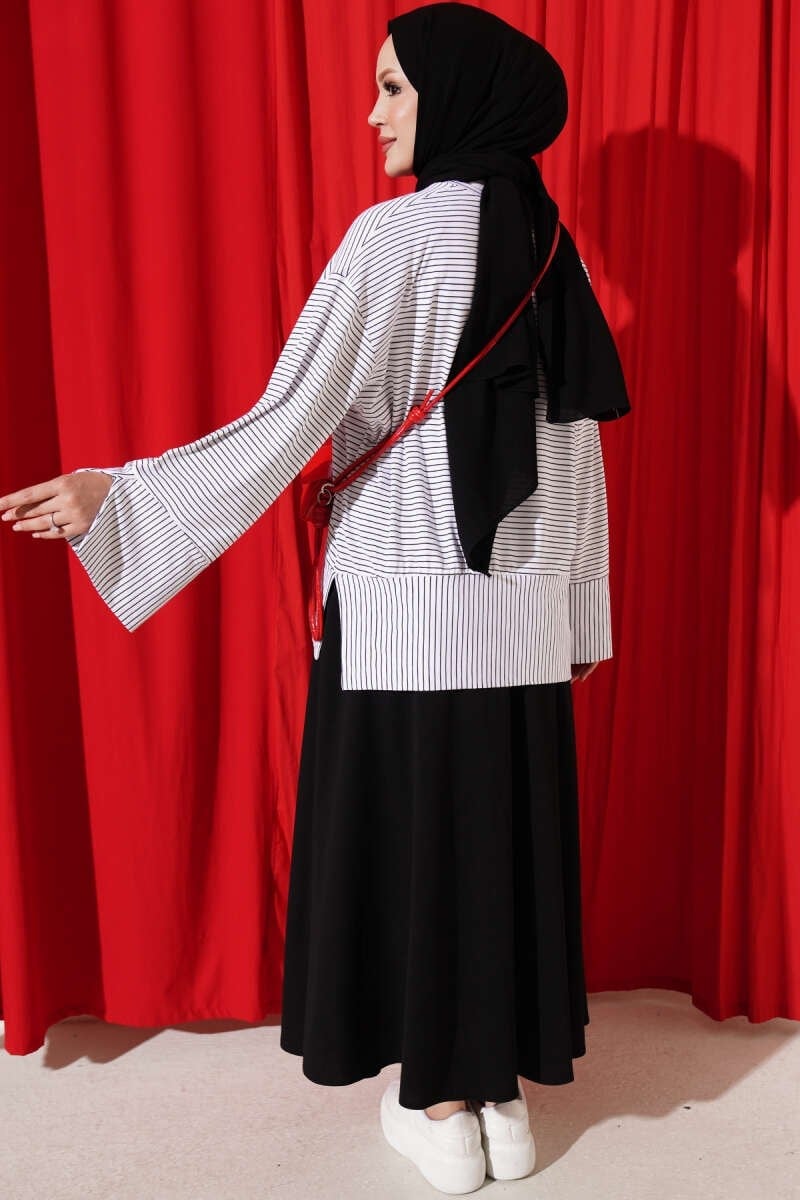 Çizgili Kolları Yırtmaçlı Tunik Beyaz