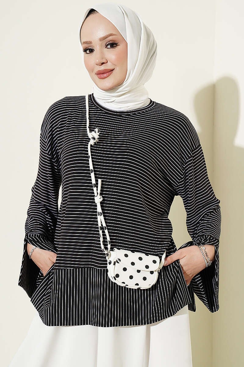 Çizgili Kolları Yırtmaçlı Tunik Siyah