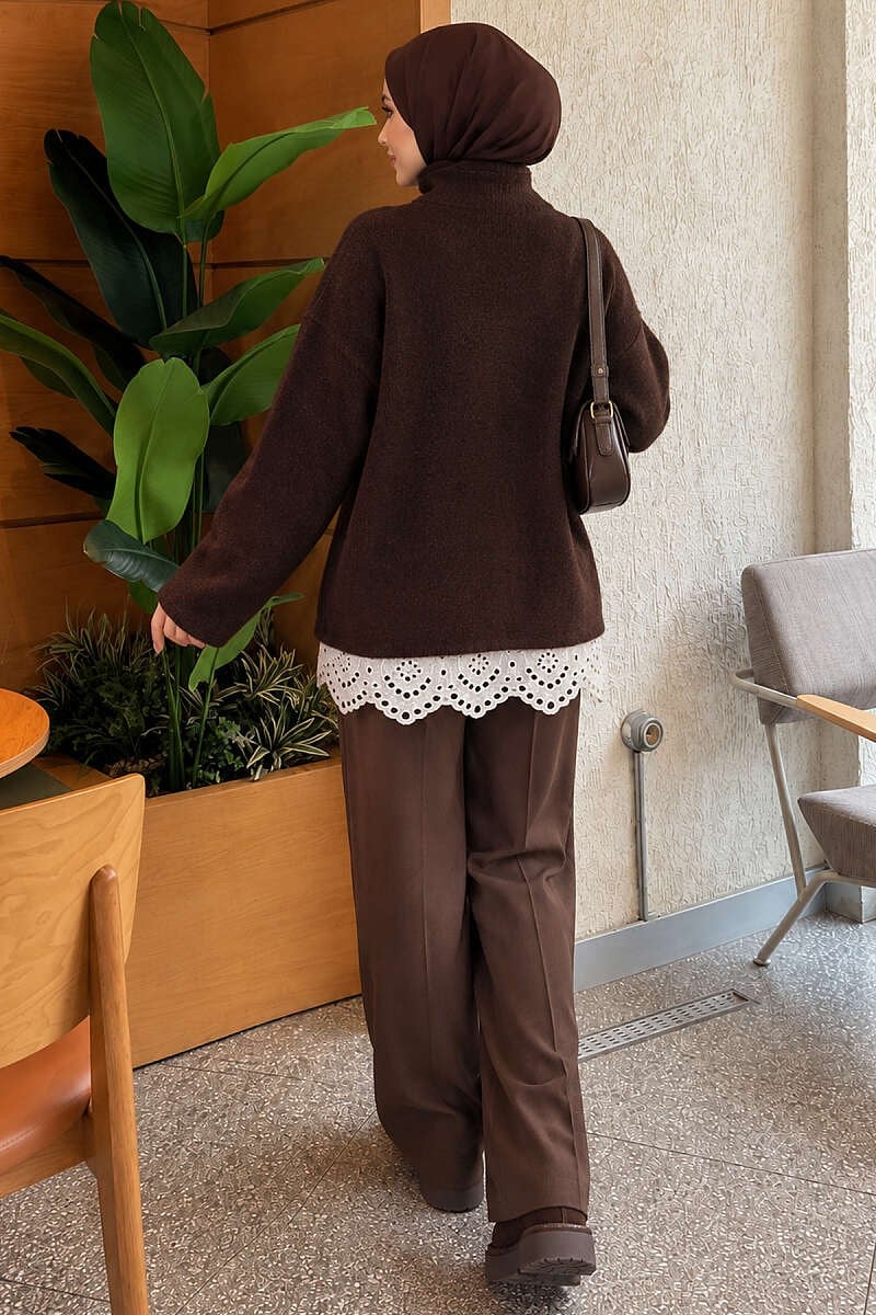 Dantel Cep Detaylı Triko Tunik Kahve