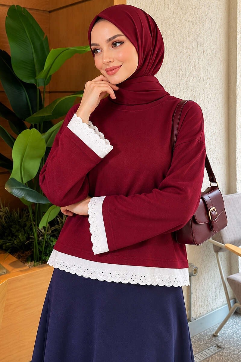 Dantel Detaylı Basic Tunik Bordo