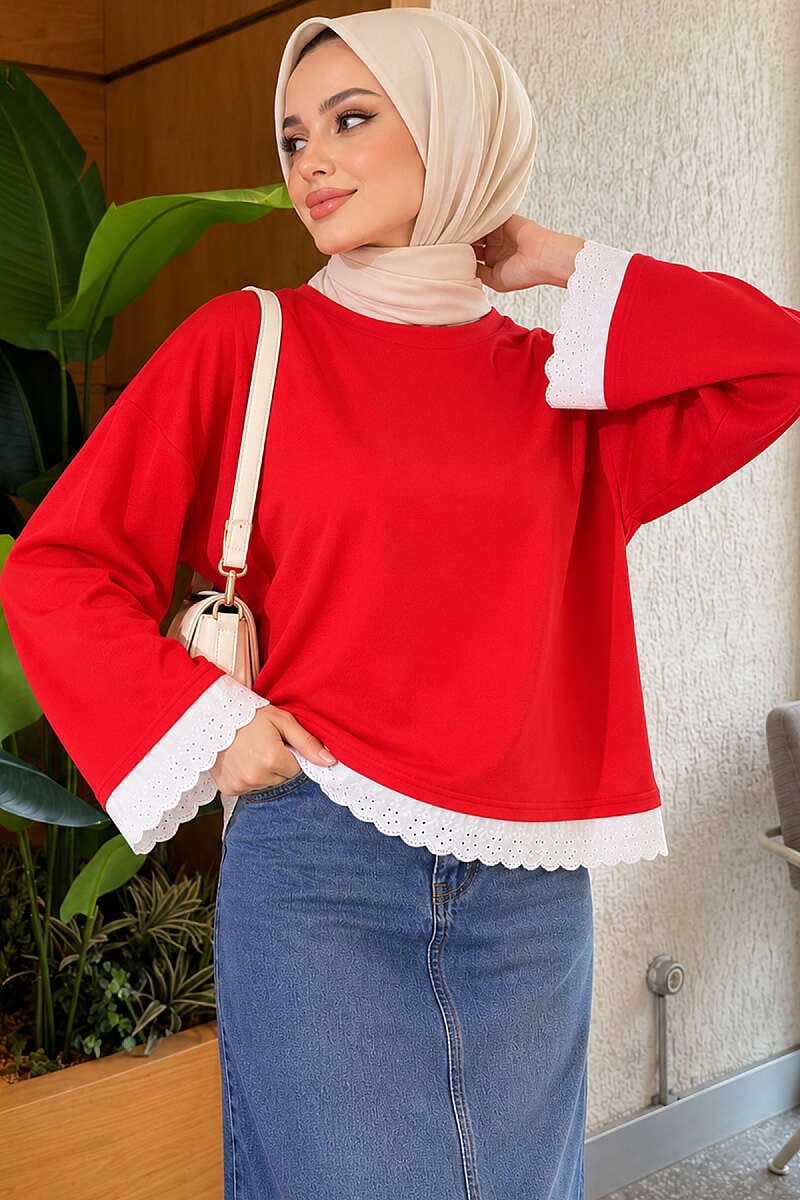 Dantel Detaylı Basic Tunik Kırmızı