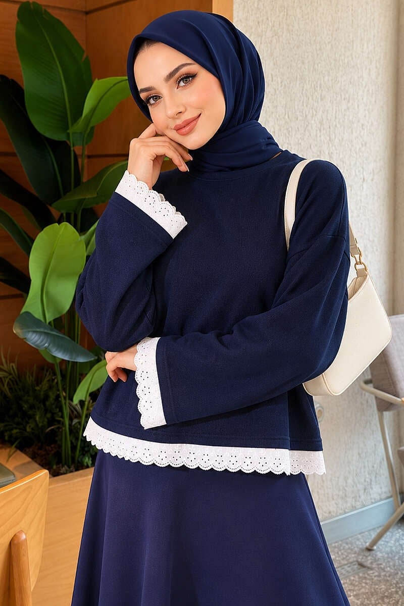 Dantel Detaylı Basic Tunik Lacivert