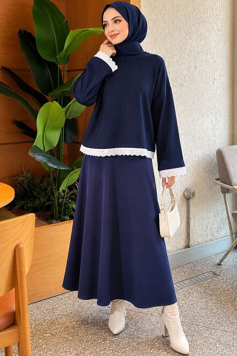 Dantel Detaylı Basic Tunik Lacivert