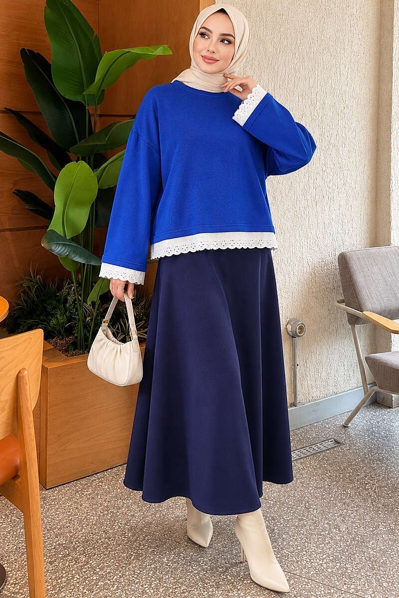 Dantel Detaylı Basic Tunik Saks