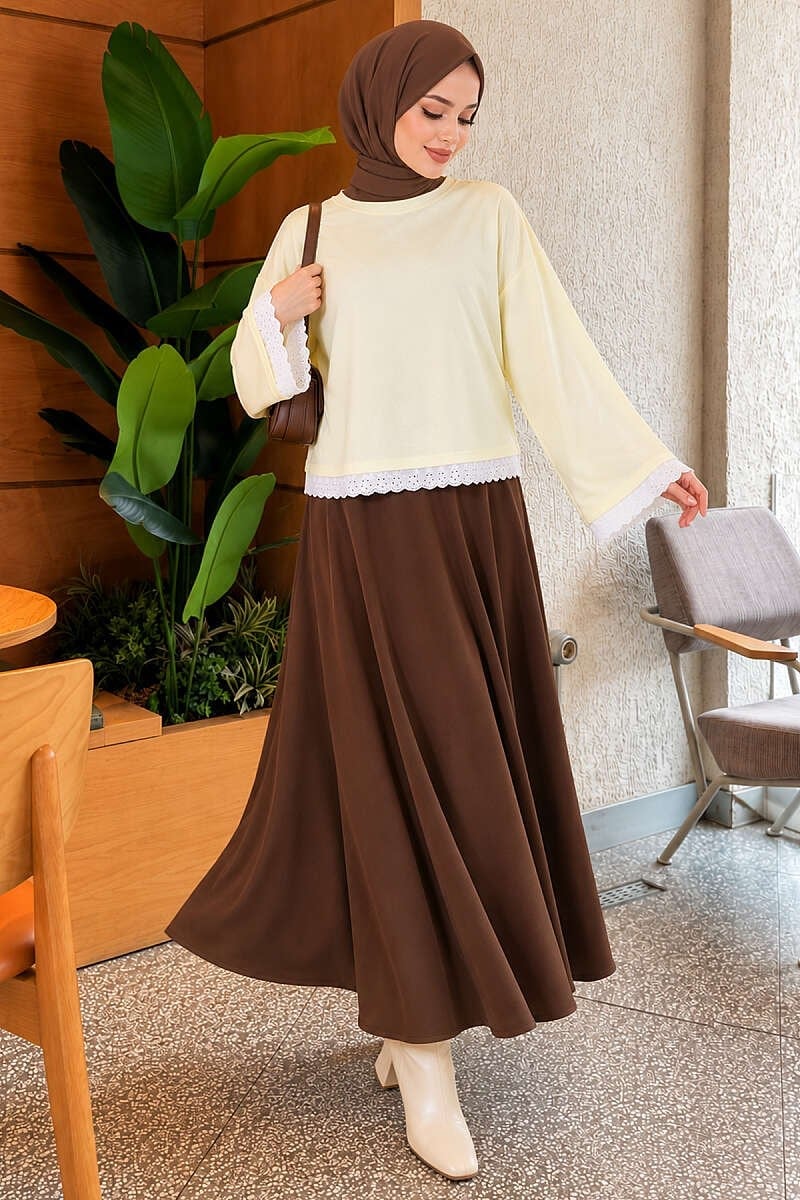 Dantel Detaylı Basic Tunik Sarı