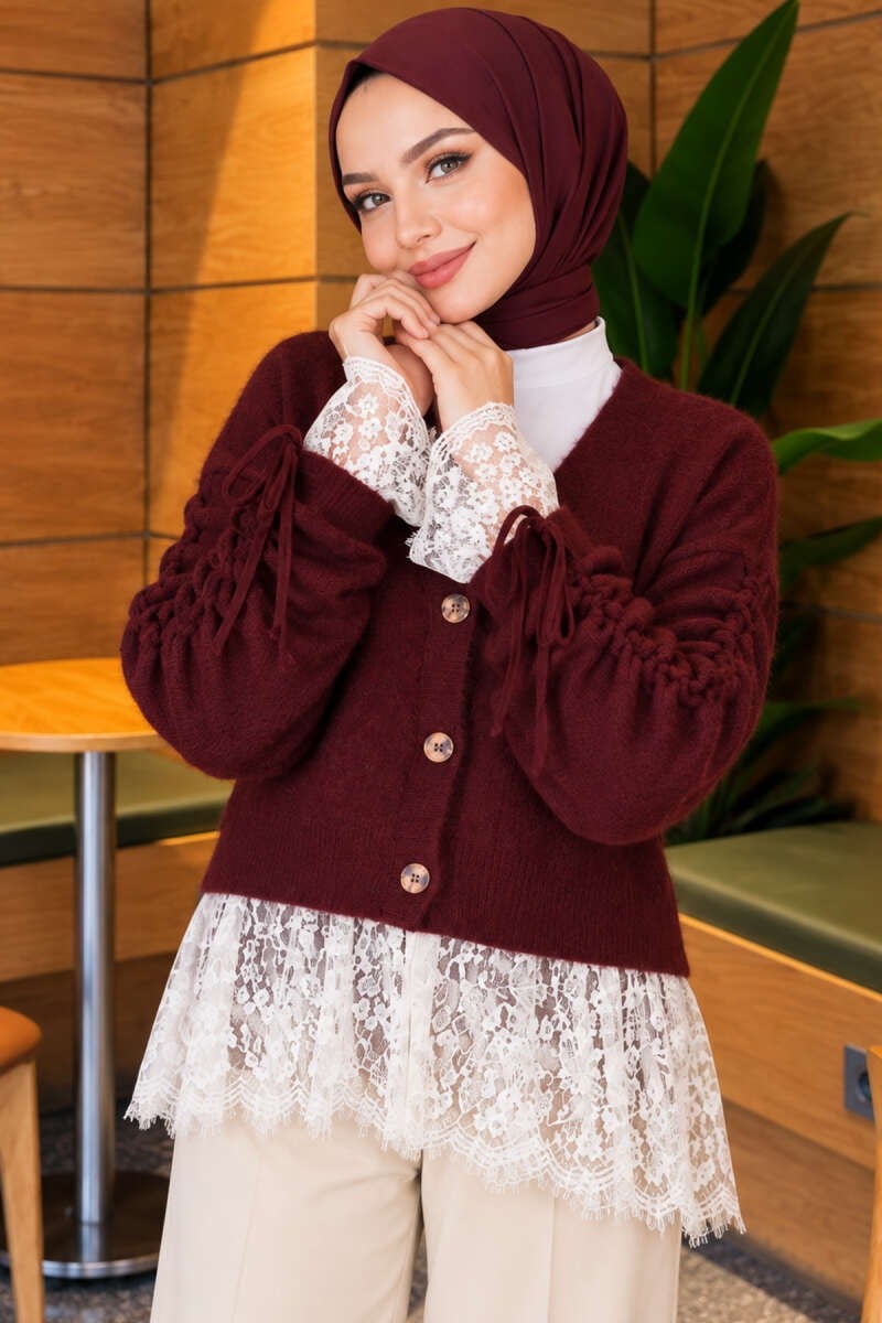 Dantel Detaylı Kolları Büzgülü Triko Hırka Bordo
