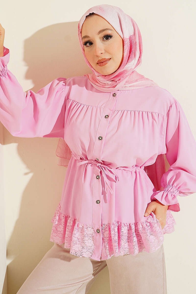 Dantel Fırfırlı Bel Tünelli Gömlek Pembe