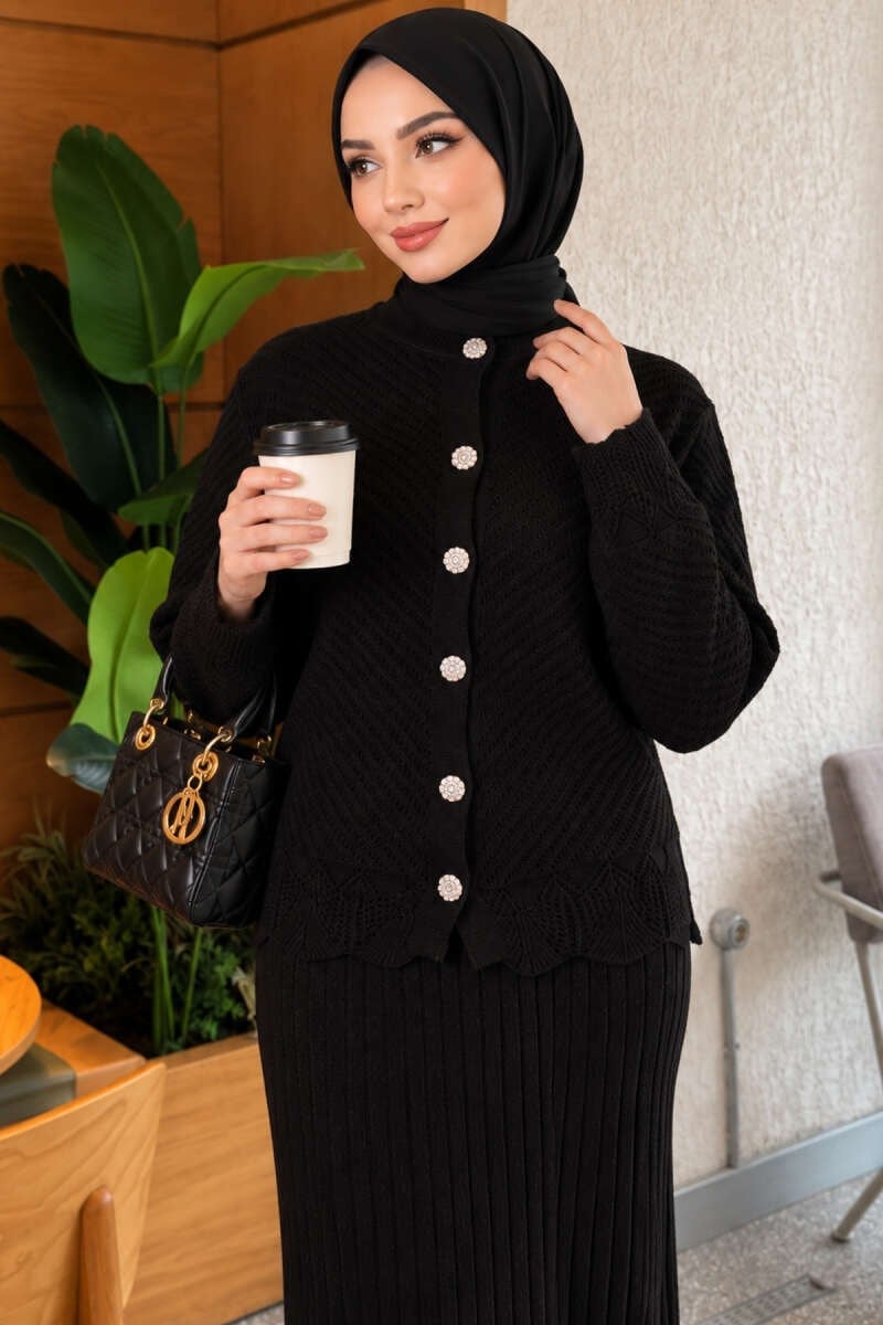 Dantel İşlemeli Taş Düğmeli Etekli İkili Takım Siyah