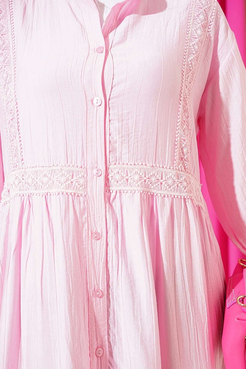 Dantel Şerit Detaylı Düğmeli Kat Elbise Pembe