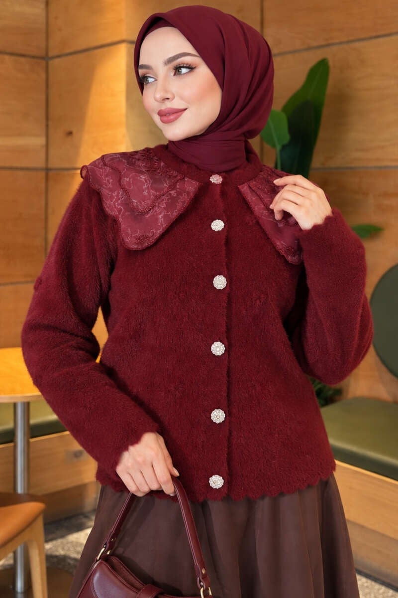 Dantel Yaka Düğmeli Sakallı Hırka Bordo