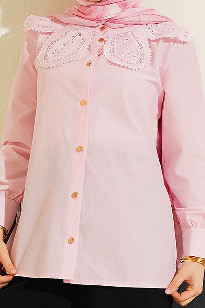 Dantelli Bebe Yakalı Poplin Gömlek Pembe