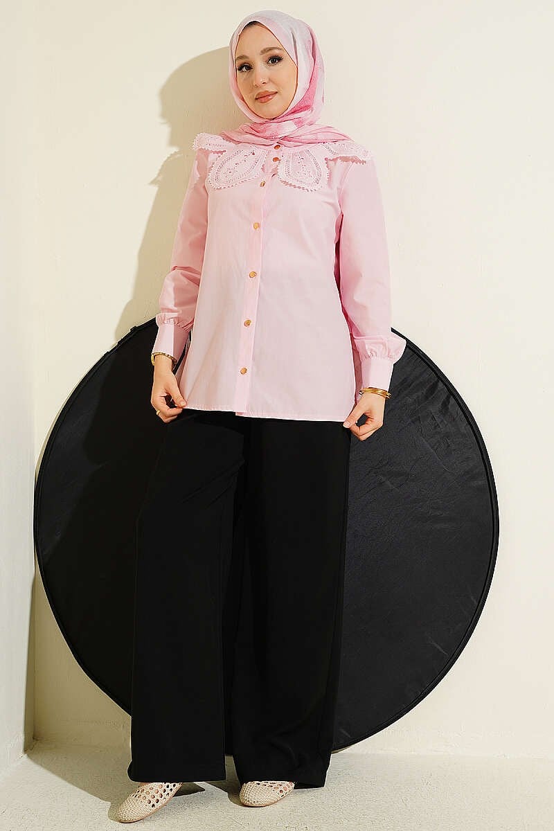 Dantelli Bebe Yakalı Poplin Gömlek Pembe