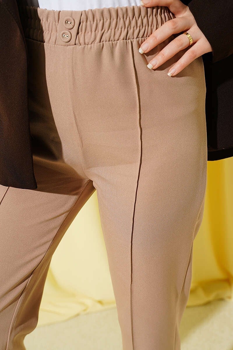 Dar Paça Bel Lastikli Çımalı Pantolon Camel
