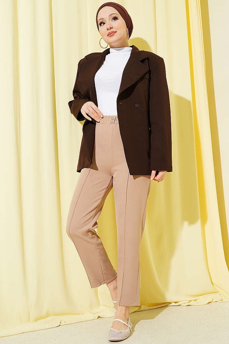Dar Paça Bel Lastikli Çımalı Pantolon Camel