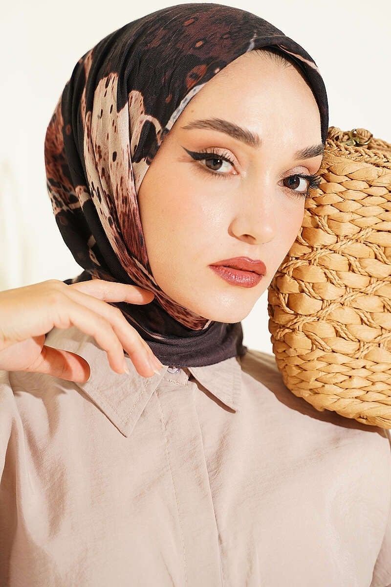Desenli Ayda Bambu Kraş Eşarp Acı Kahve