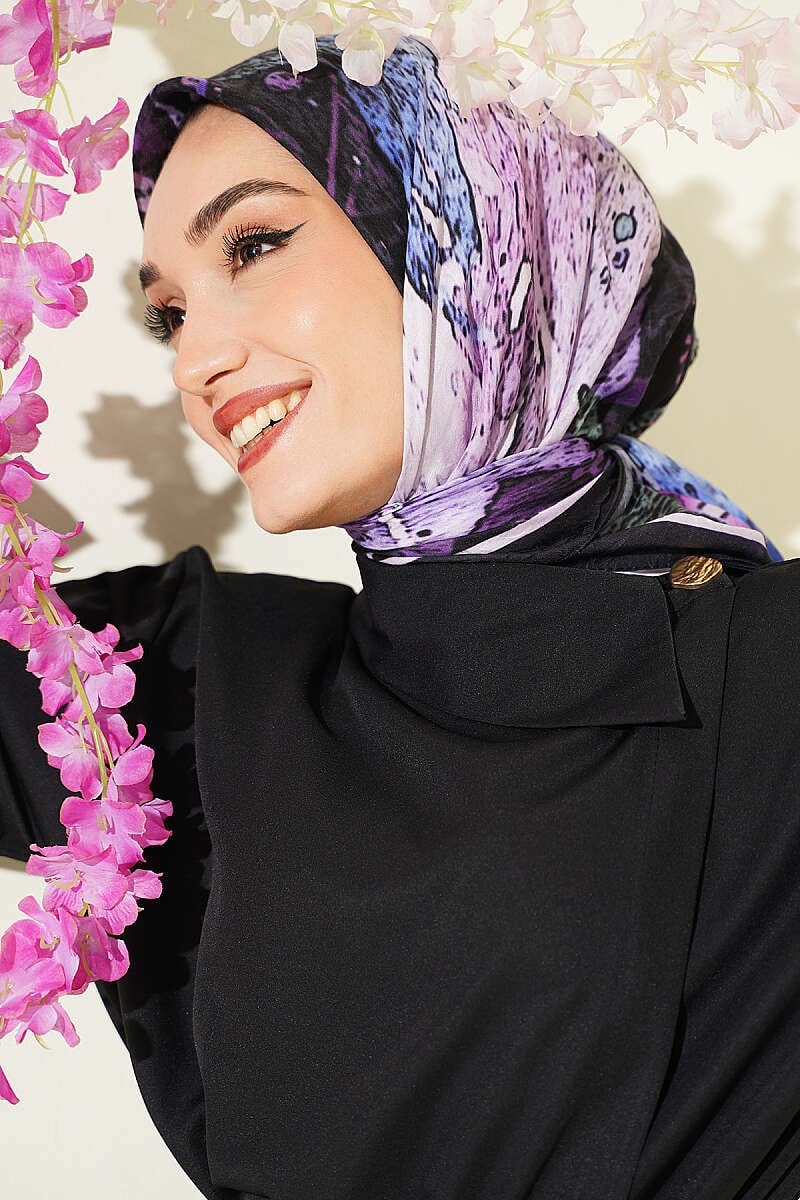 Desenli Ayda Bambu Kraş Eşarp Siyah Lila