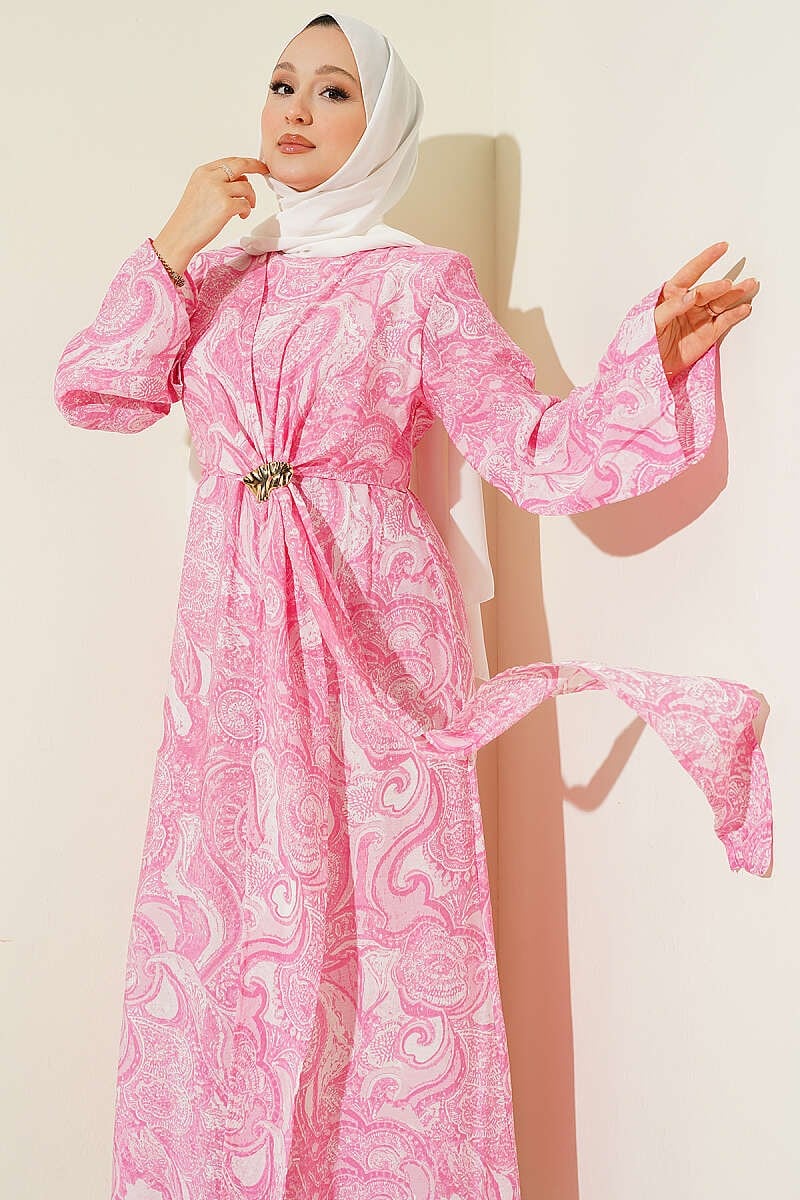Desenli Önü Bağlama Detaylı Elbise Pembe