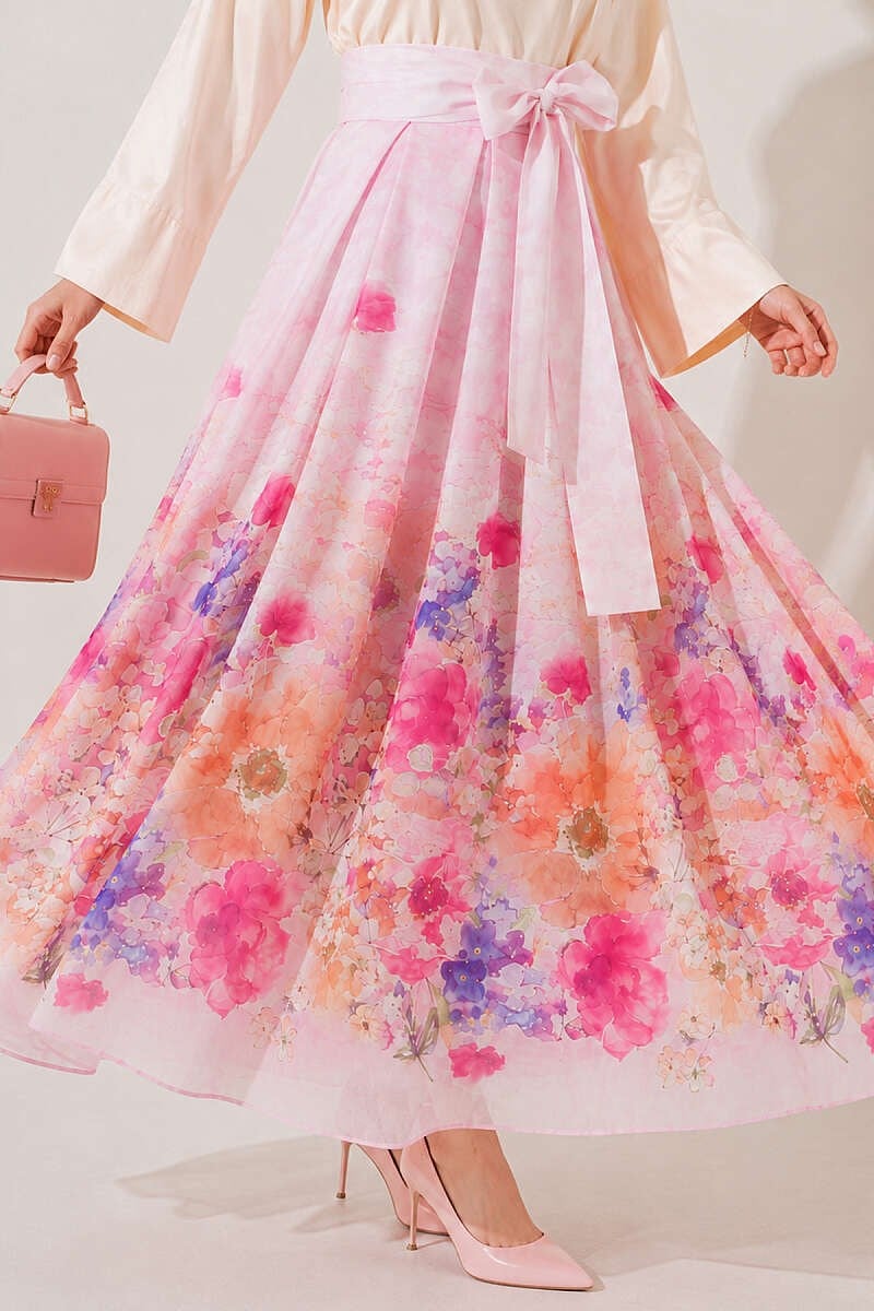Desenli Pileli Etek Pembe