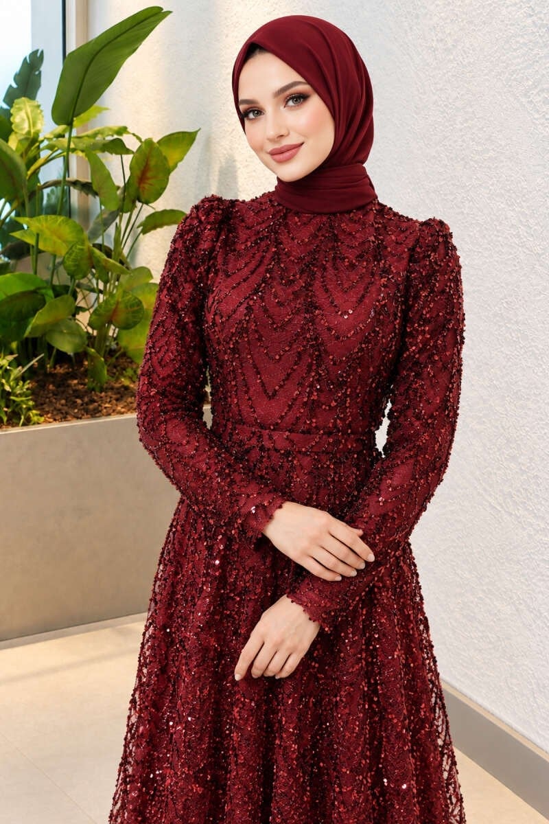 Desenli Pul Nakışlı Abiye Elbise Bordo
