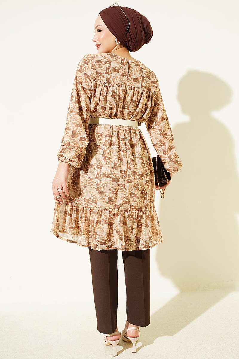 Desenli Roba Detaylı Tunik Camel