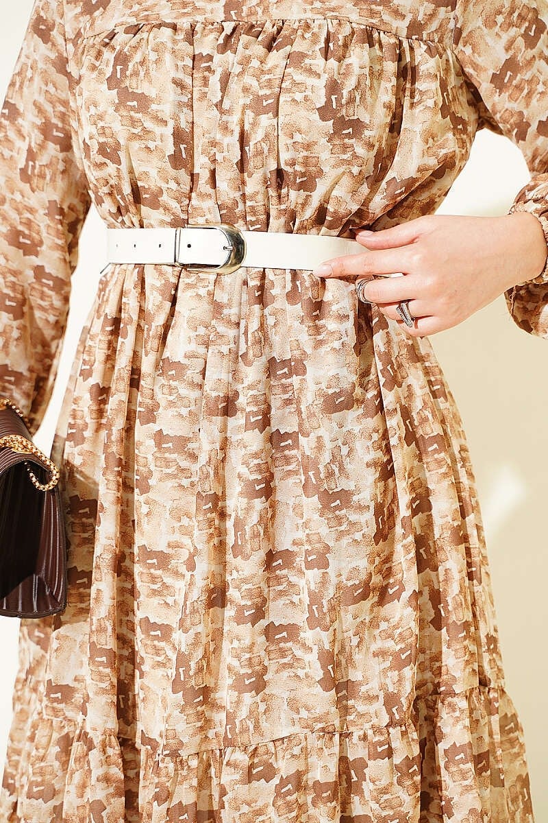 Desenli Roba Detaylı Tunik Camel