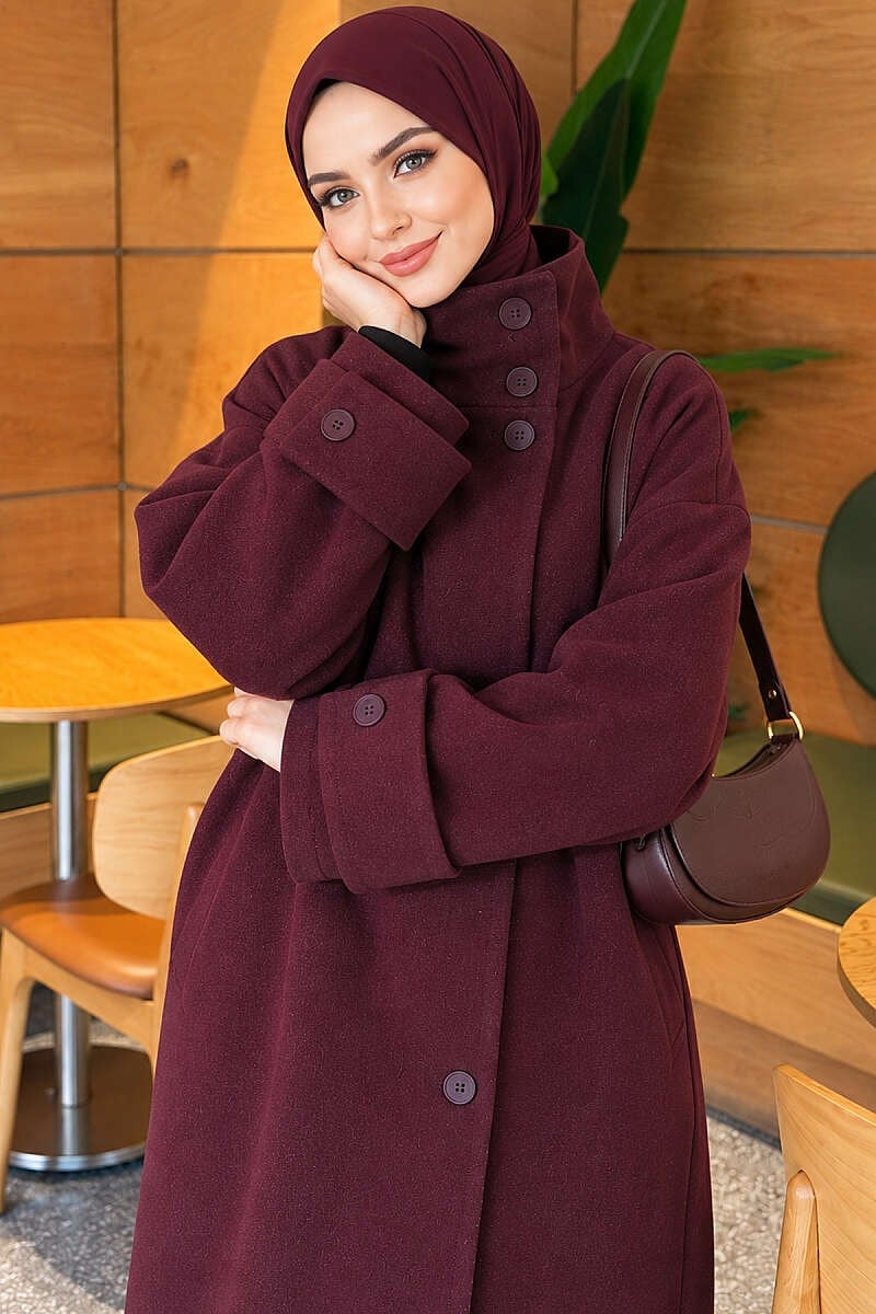 Dik Yaka Düğmeli Oversize Kaşe Kaban Bordo