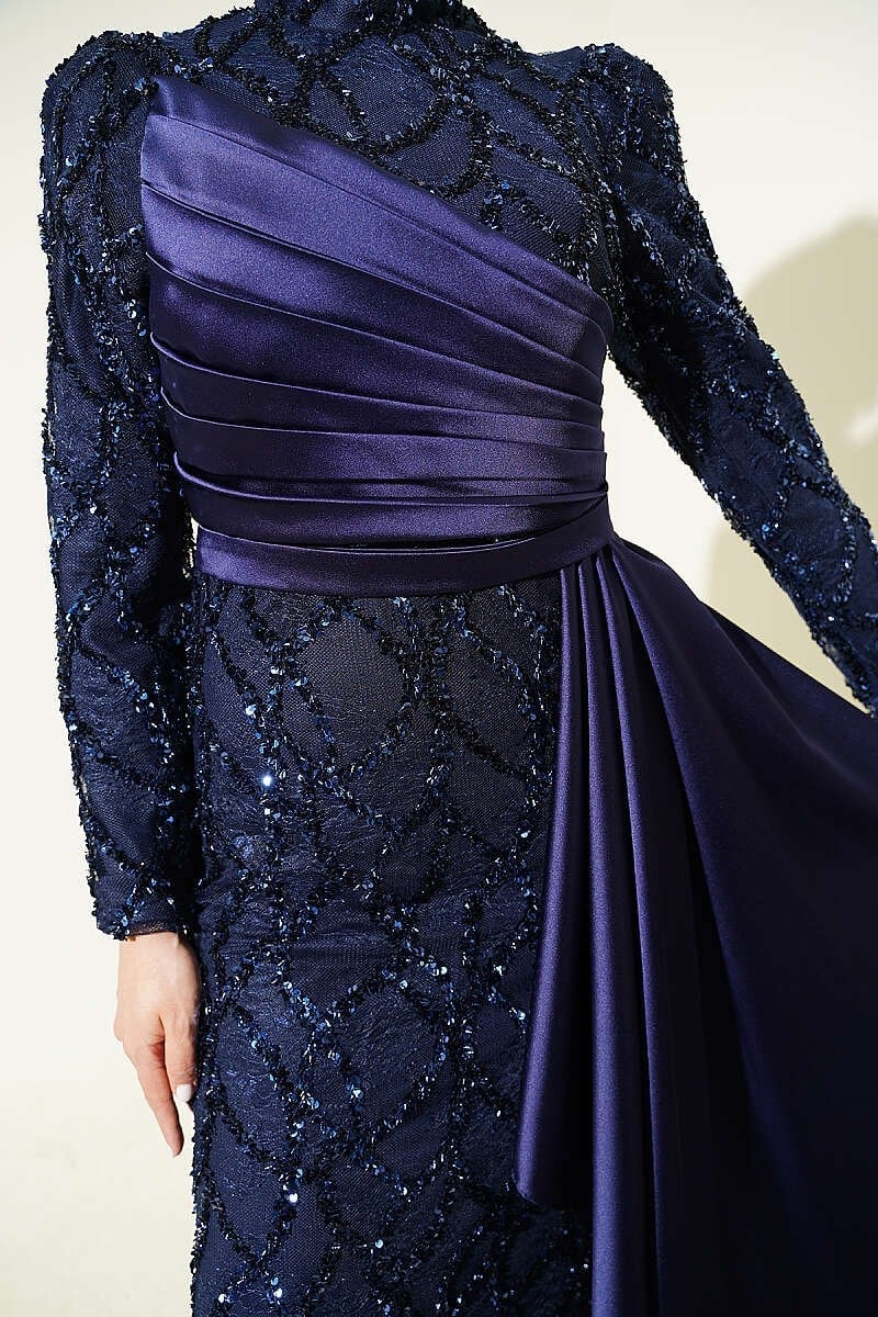 Drapeli Pul Payet Desenli Abiye Elbise Lacivert