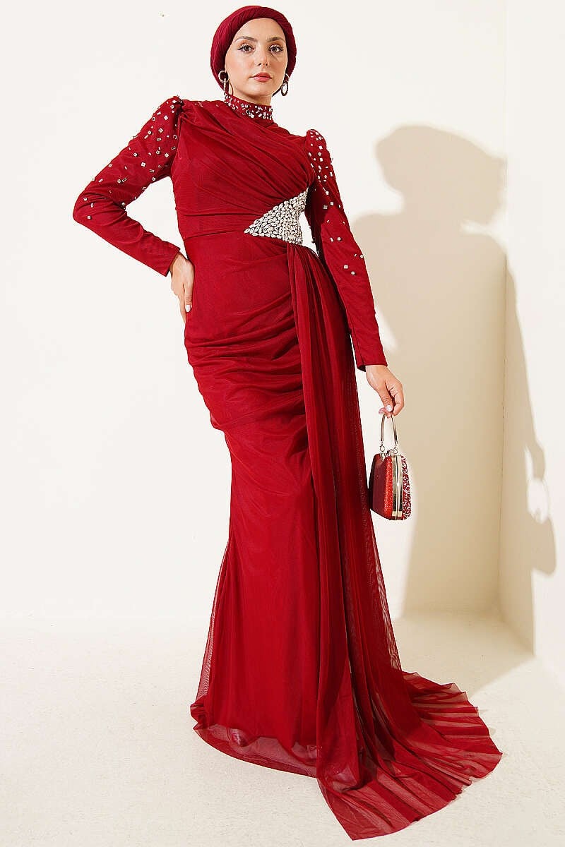 Drapeli Taş Detaylı Abiye Elbise Bordo