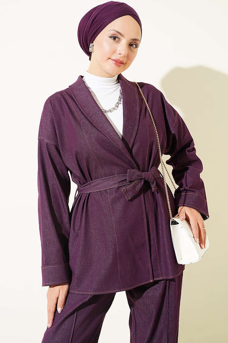 Duble Kol Bel Kuşaklı Kot İkili Takım Mürdüm