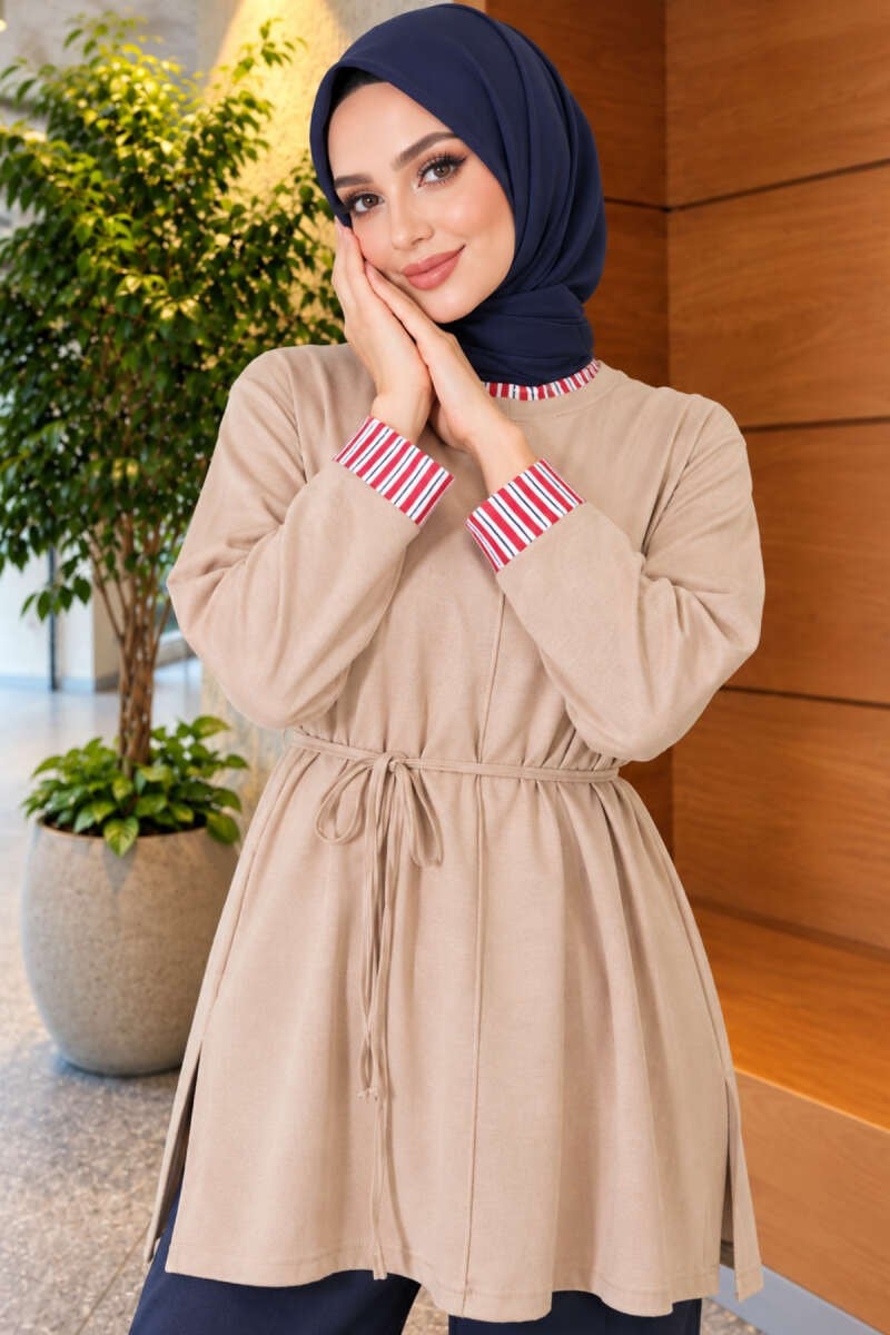 Duble Kol Yaka Garnili Tunik Bej