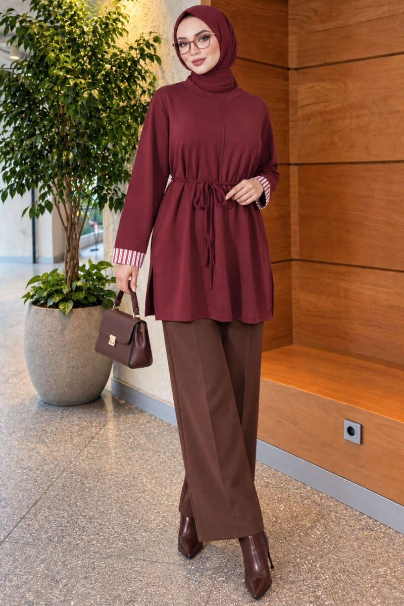 Duble Kol Yaka Garnili Tunik Bordo