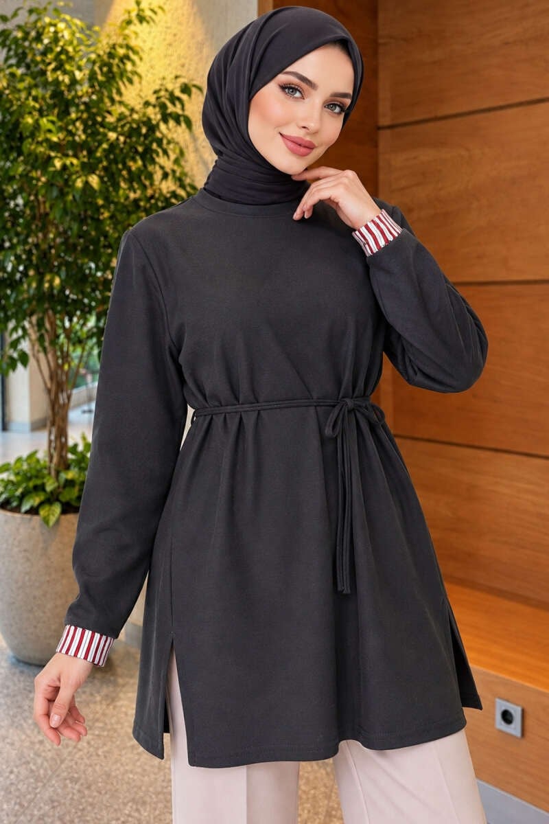 Duble Kol Yaka Garnili Tunik Füme