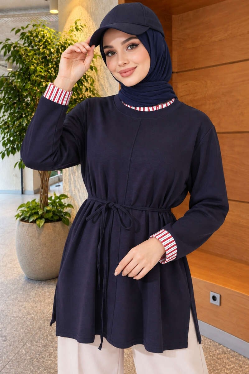 Duble Kol Yaka Garnili Tunik Lacivert