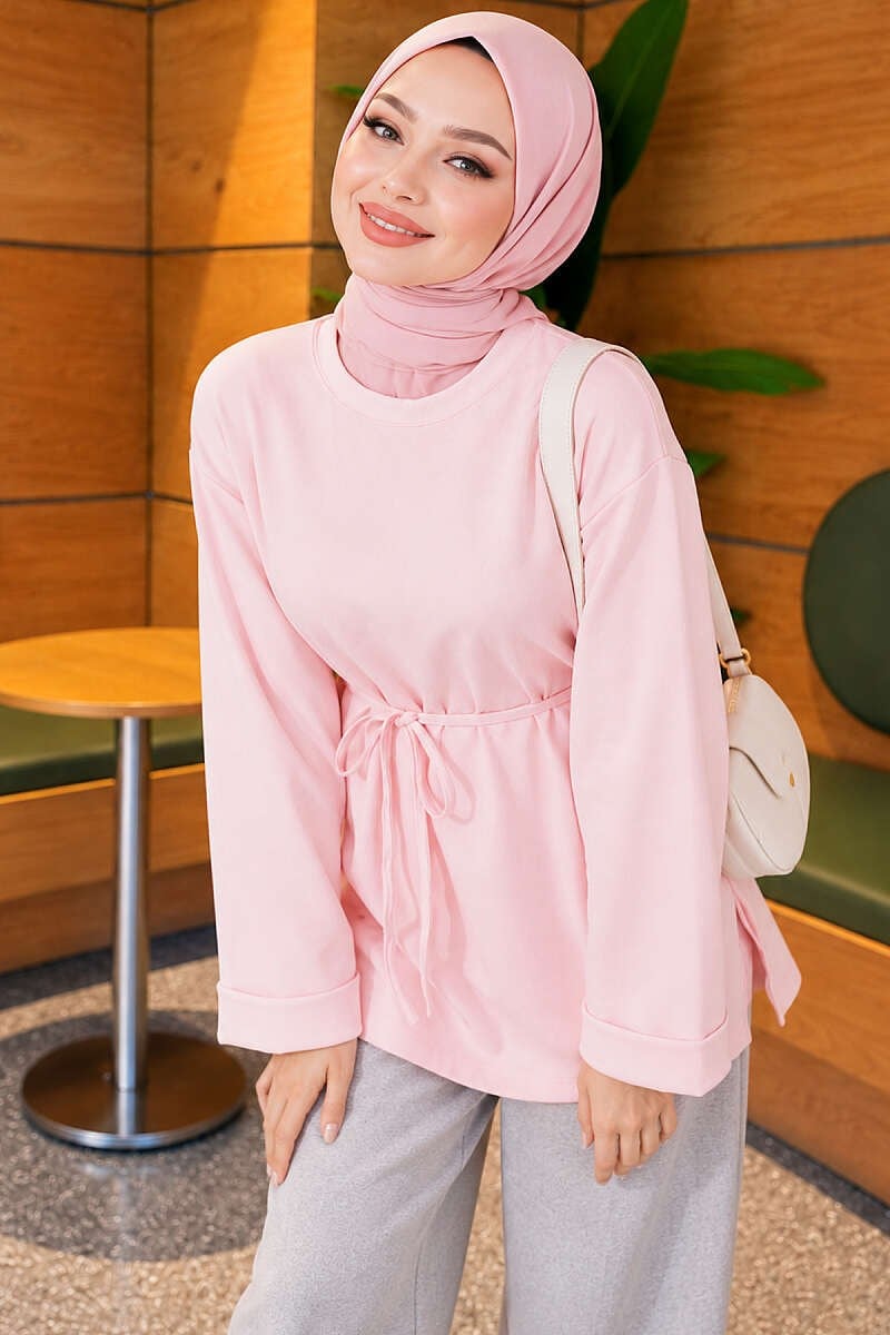 Duble Kollu İp Kuşaklı Tunik Pembe