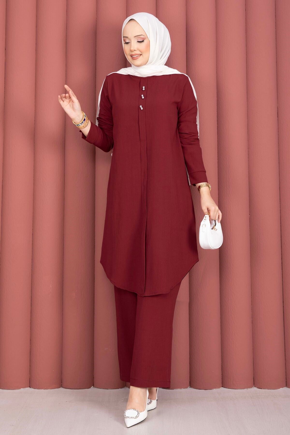 Düğme Aksesuarlı Tunik Pantolonlu Takım Bordo