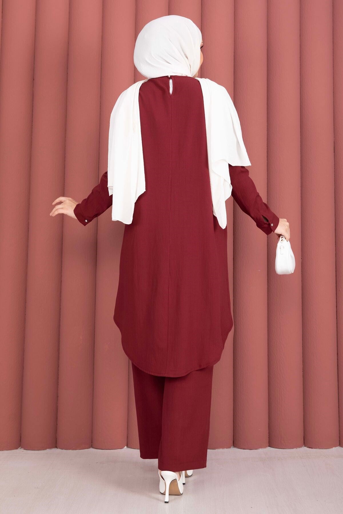 Düğme Aksesuarlı Tunik Pantolonlu Takım Bordo