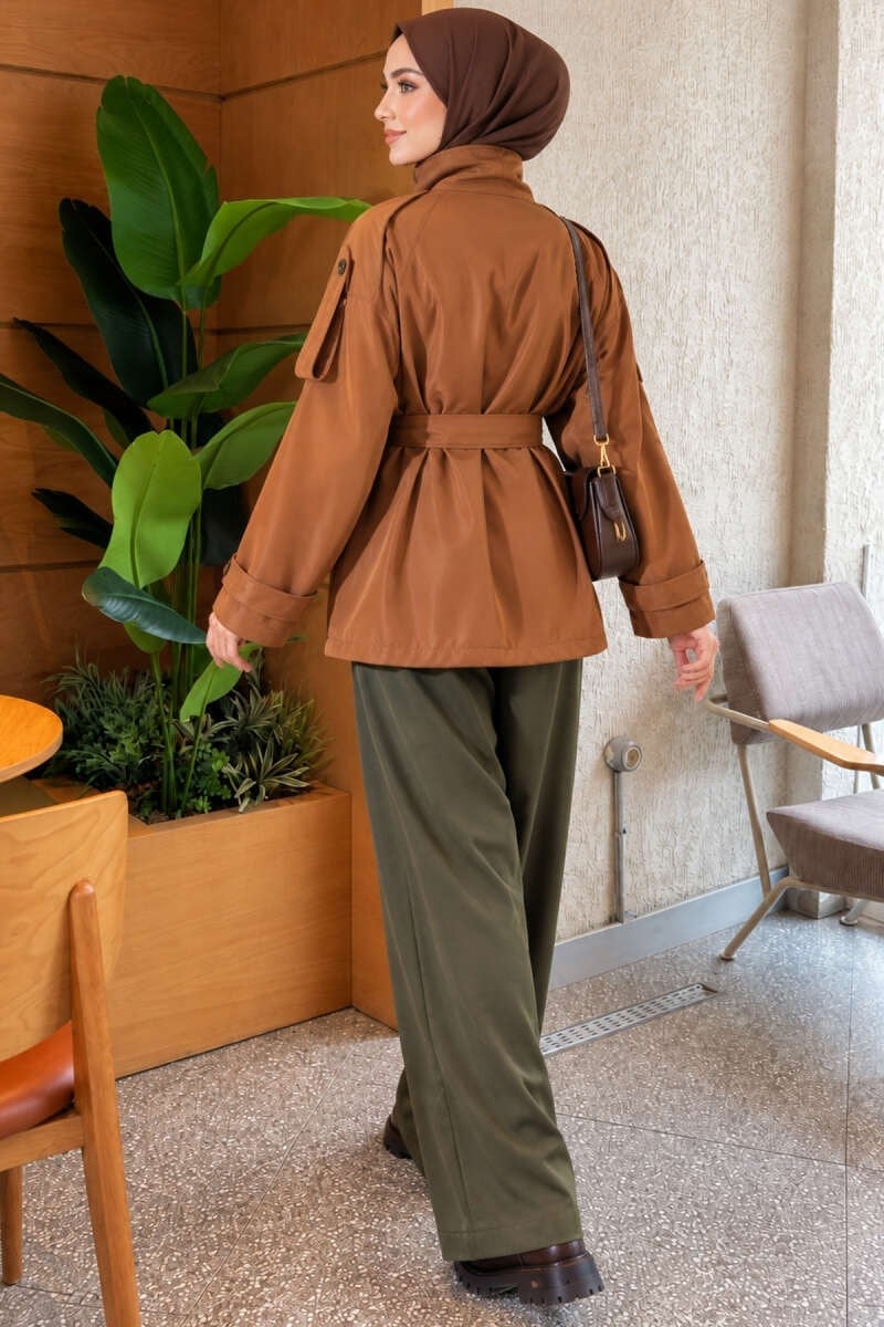 Düğme Detaylı Kısa Trençkot Taba