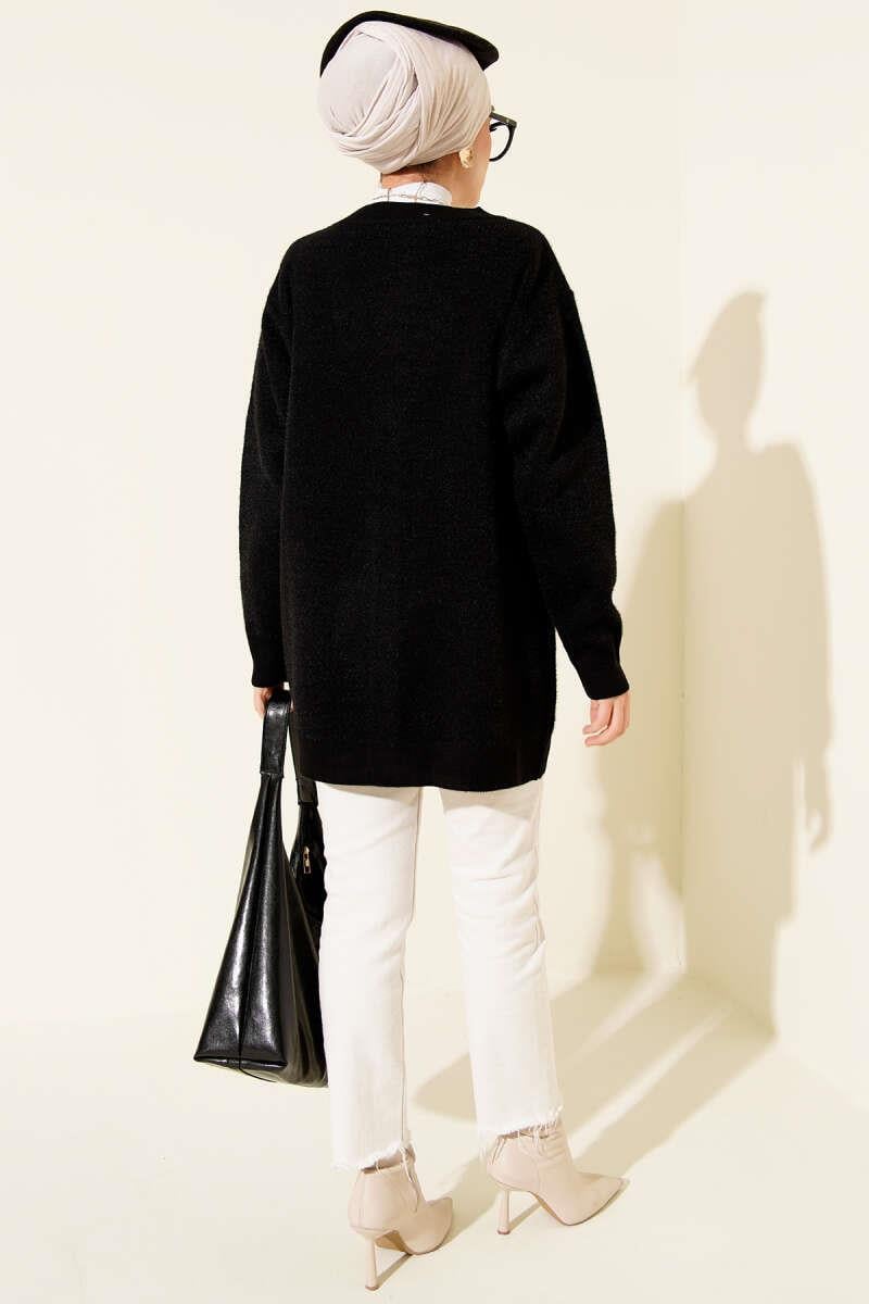Düğmeli Basic Yumoş Triko Hırka Siyah