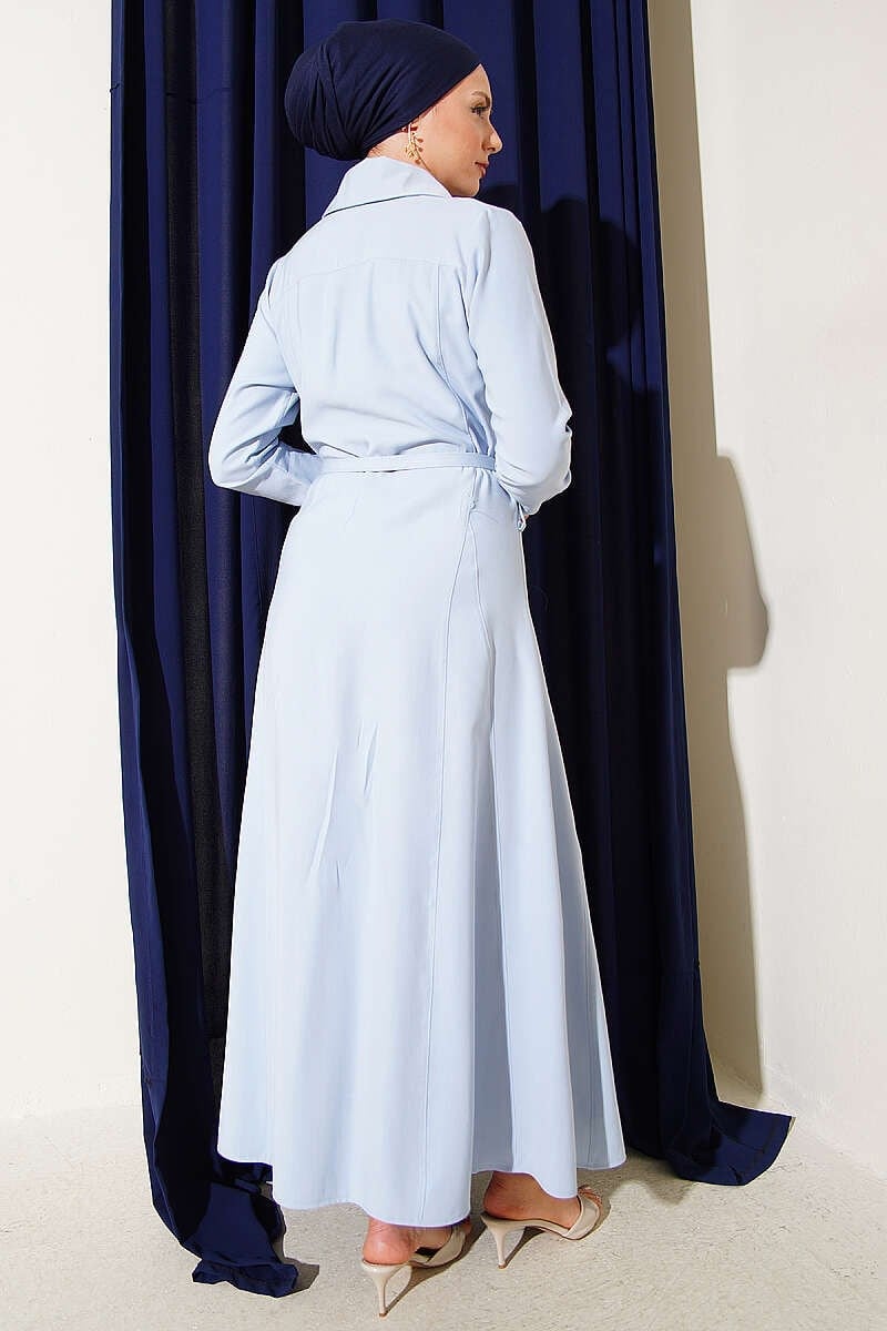 Düğmeli Tensel İnce Kemerli Elbise Bebe Mavi