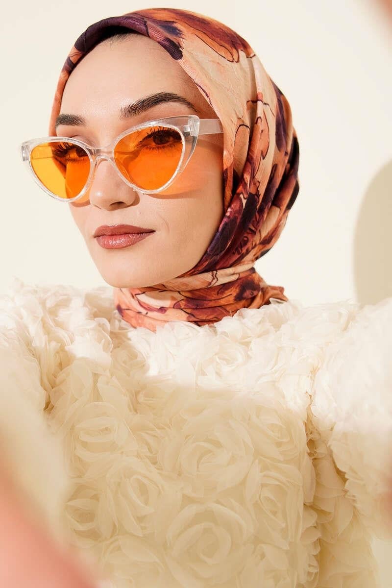 Ebruli Çiçekli Bambu Kraş Eşarp Kahve